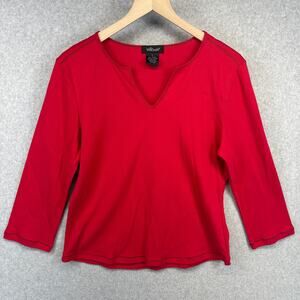 Willi Smith Top Womens Size Large Red 100% Cotton V-Neck 3/4 Sleeve Pullover